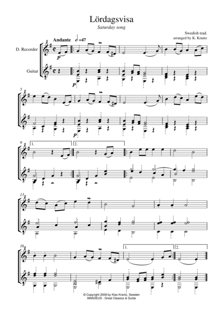Free Sheet Music Lordagsvisa Saturday Song For Descant Recorder And Guitar