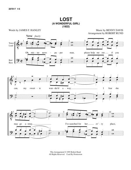 Lost A Wonderful Girl Male Barbershop Arr Robert Rund Sheet Music