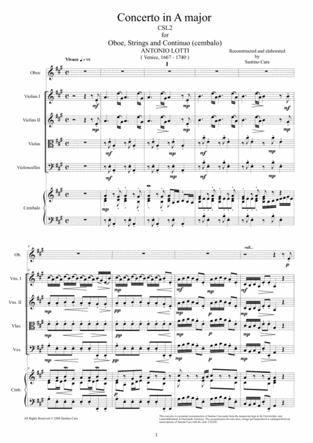 Lotti A Concerto In A Major Csl2 For Oboe Strings And Continuo Sheet Music