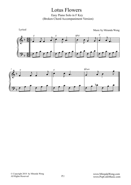 Lotus Flowers Easy Piano Solo In F Key Broken Chords Sheet Music