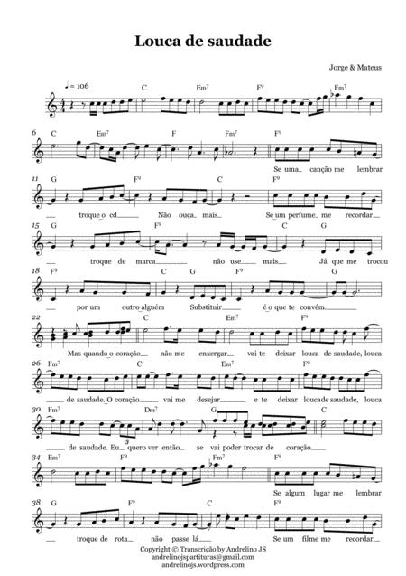 Louca De Saudade Jorge E Matheus Partitura E Cifra Sheet Music