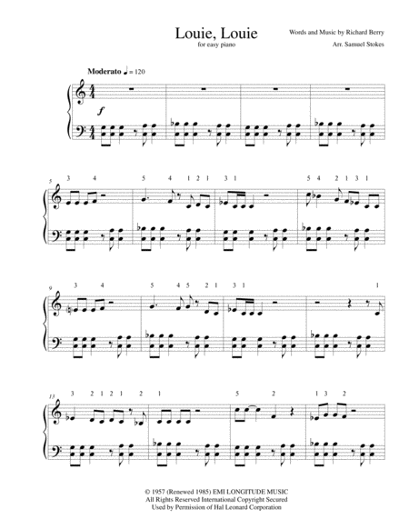 Free Sheet Music Louie Louie For Easy Piano