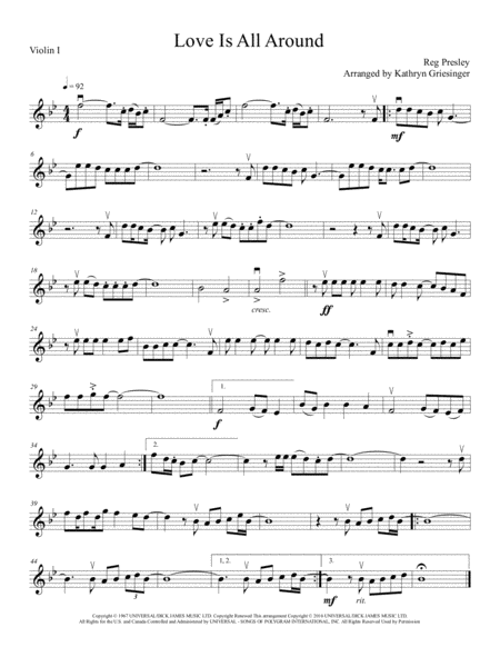 Love Is All Around String Quartet Sheet Music