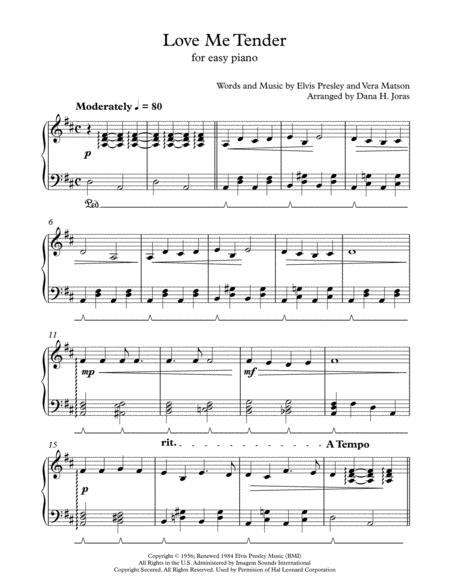 Love Me Tender For Easy Piano Sheet Music