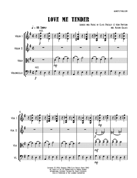 Love Me Tender String Quartet Sheet Music