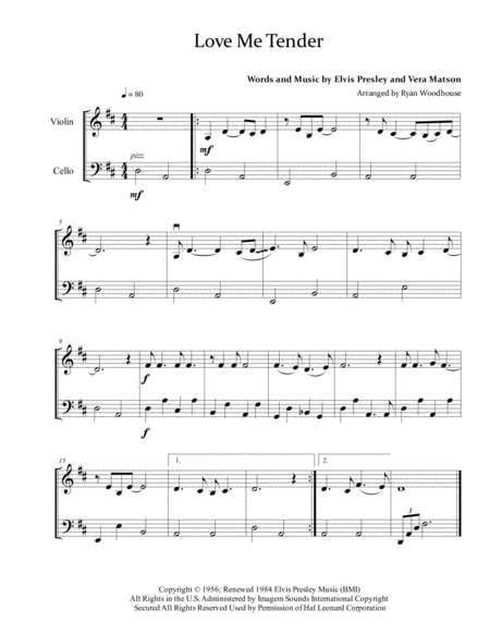 Free Sheet Music Love Me Tender Violin And Cello Duet