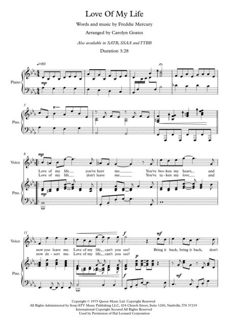 Free Sheet Music Love Of My Life Queen For Voice And Piano