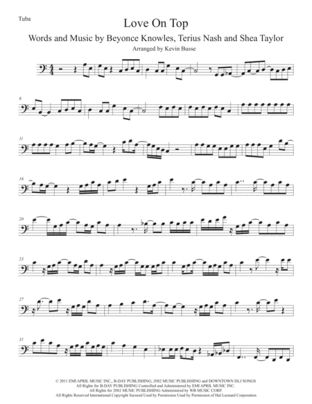 Love On Top Easy Key Of C Tuba Sheet Music