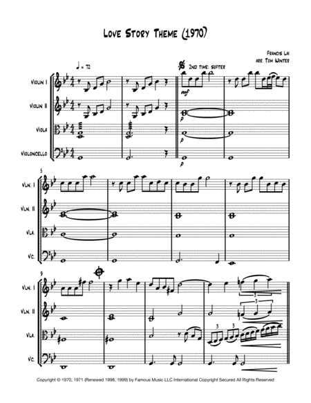 Love Story Theme 1970 String Quartet Sheet Music