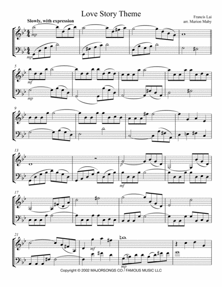 Love Story Theme Arranged For Violin Cello Duet Sheet Music