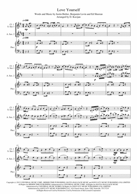 Free Sheet Music Love Yourself By Justin Bieber Trio For Clarinet In Bb Soprano Sax Alto Sax Piano