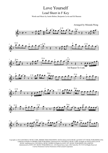 Free Sheet Music Love Yourself Lead Sheet In F Key With Chords