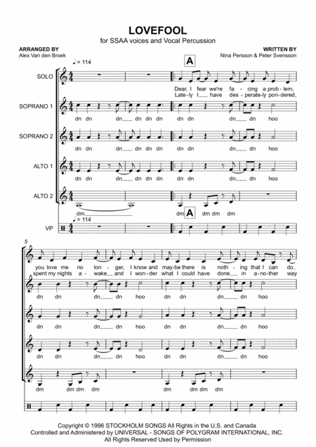 Free Sheet Music Lovefool Ssaa With Vocal Percussion