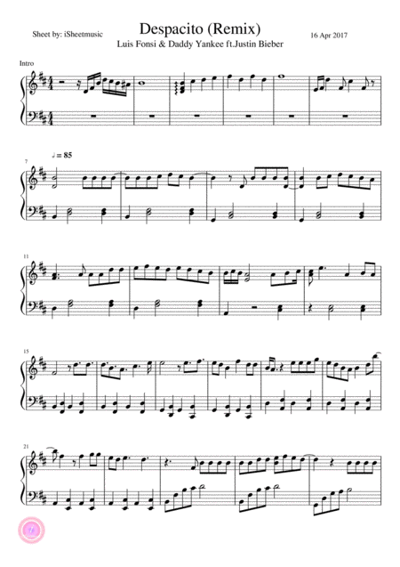 Luis Fonsi Daddy Yankee Despacito Remix Ft Justin Bieber Sheet Music