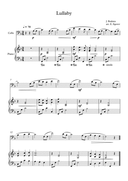 Lullaby Johannes Brahms For Cello Piano Sheet Music