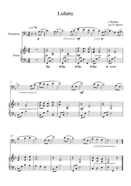 Free Sheet Music Lullaby Johannes Brahms For Trombone Piano