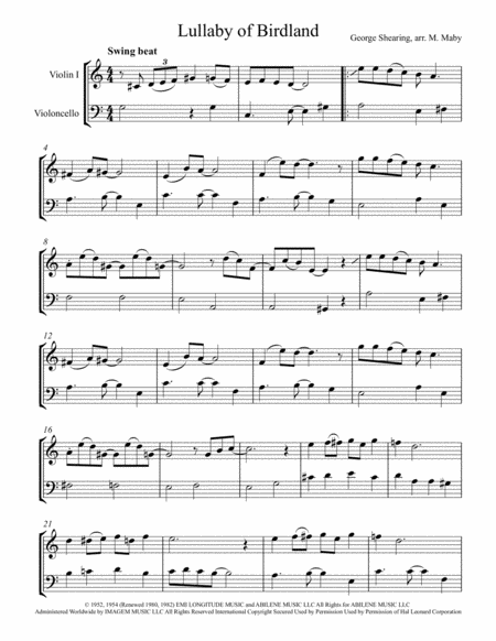 Lullaby Of Birdland Arr For Violin Cello Duet Sheet Music