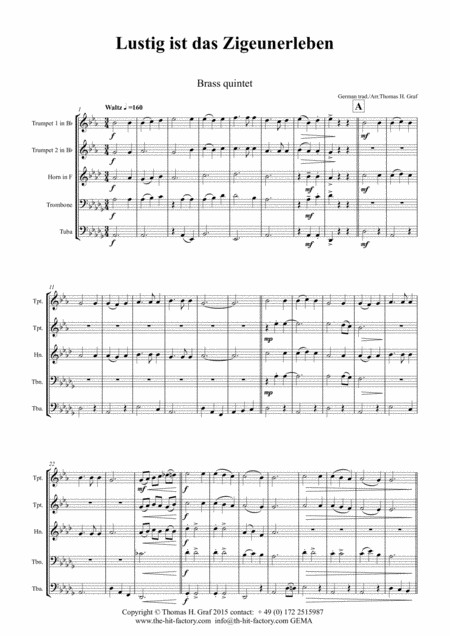 Lustig Ist Das Zigeunerleben German Folk Song Oktoberfest Brass Quintet Sheet Music