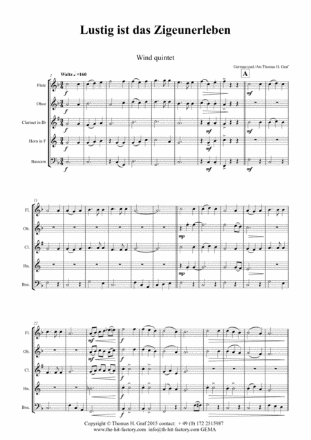 Lustig Ist Das Zigeunerleben German Folk Song Oktoberfest Wind Quintet Sheet Music