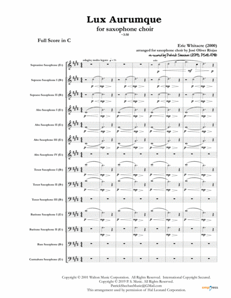 Free Sheet Music Lux Aurumque For Saxophone Choir Full Score Set Of Parts