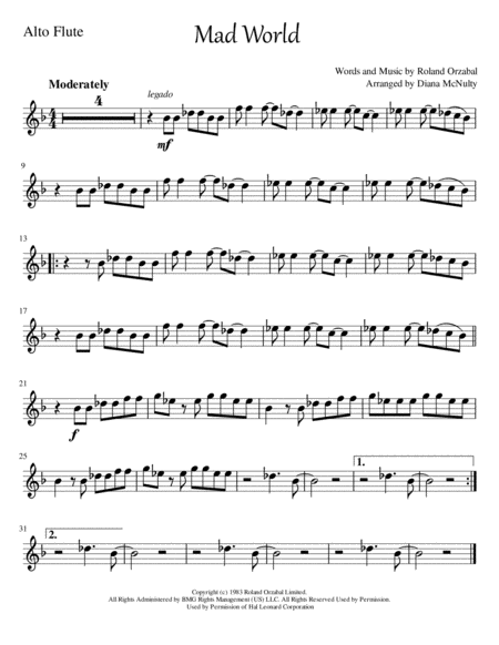 Free Sheet Music Mad World For Alto Flute Piano