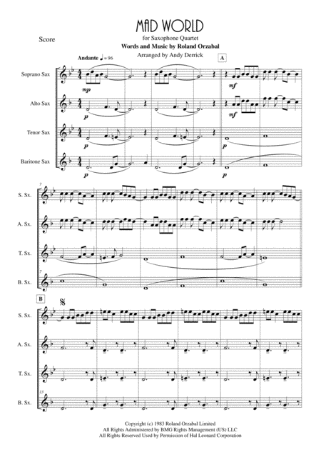 Mad World For Saxophone Quartet Sheet Music