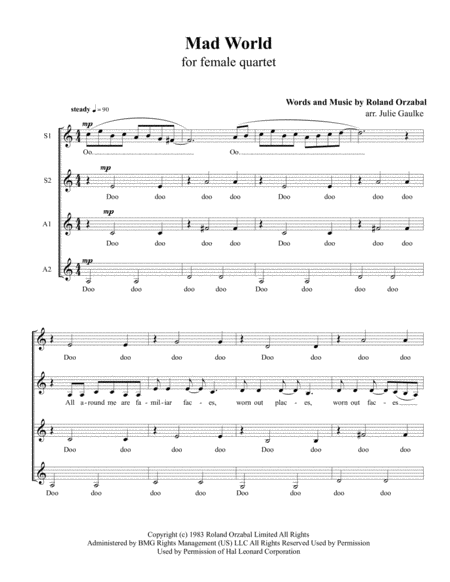 Free Sheet Music Mad World For Ssaa Female Quartet A Cappella