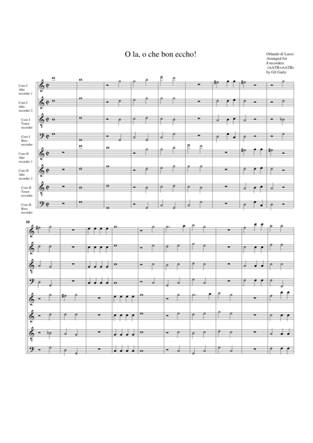 Madrigal O La O Che Bon Eccho Arrangement For 8 Recorders Sheet Music