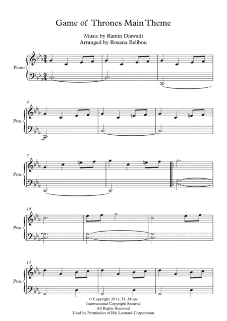 Free Sheet Music Main Theme From Game Of Thrones Easy Piano