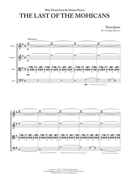 Main Theme From The Last Of The Mohicans For String Quartet Sheet Music