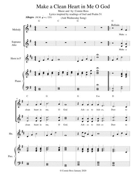 Free Sheet Music Make A Clean Heart In Me O God French Horn In F Trio And Piano