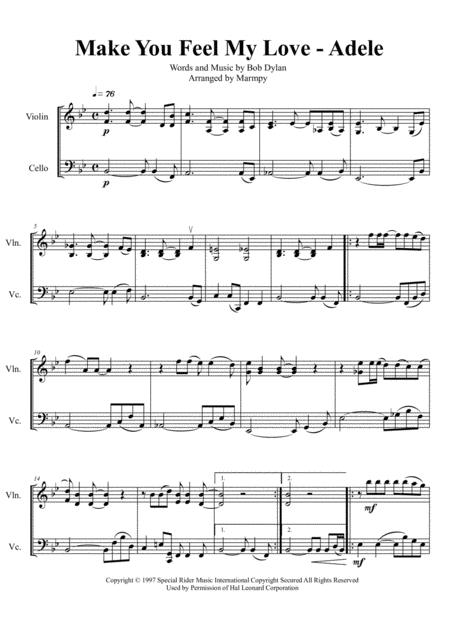 Make You Feel My Love Adele Arranged For String Duet Sheet Music