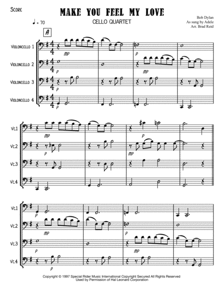 Make You Feel My Love Easy Cello Quartet Sheet Music