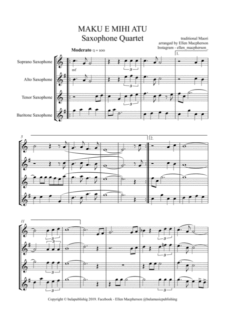 Free Sheet Music Maku E Mihi Atu Maori Nz Saxophone Quartet All Parts And Score