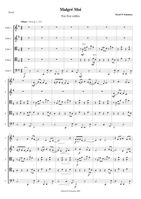 Free Sheet Music Malgr Moi For 5 Cellos