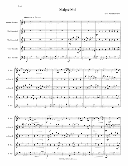 Malgr Moi For Recorder Quintet Sheet Music