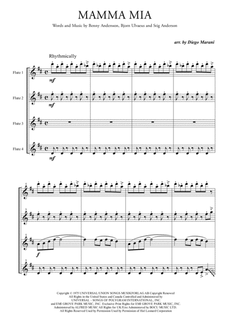 Free Sheet Music Mamma Mia By Abba For Flute Quartet