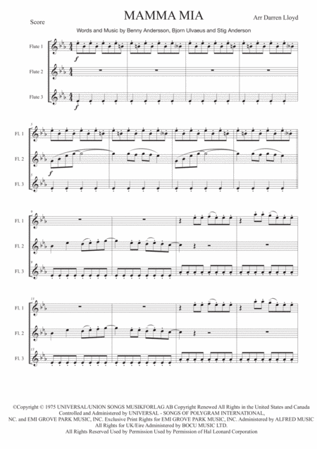 Mamma Mia Flute Trio Sheet Music