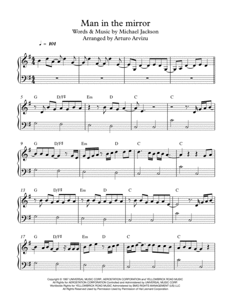 Free Sheet Music Man In The Mirror Easy Piano