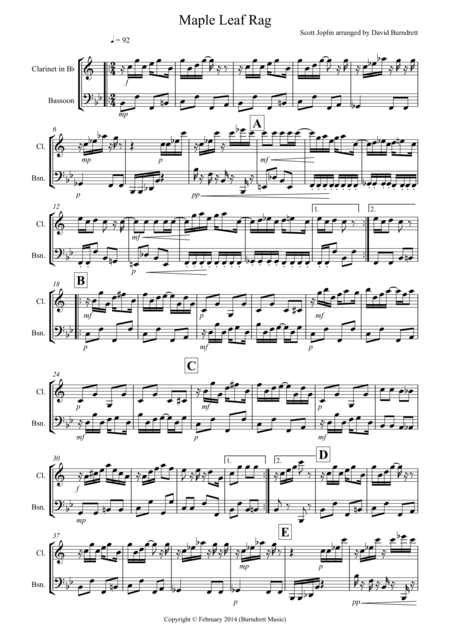 Maple Leaf Rag For Clarinet And Bassoon Duet Sheet Music