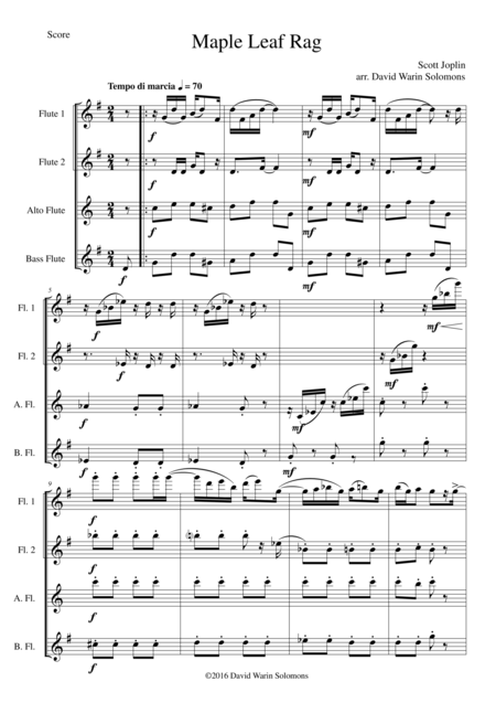 Free Sheet Music Maple Leaf Rag For Flute Quartet 2 Flutes 1 Alto And 1 Bass
