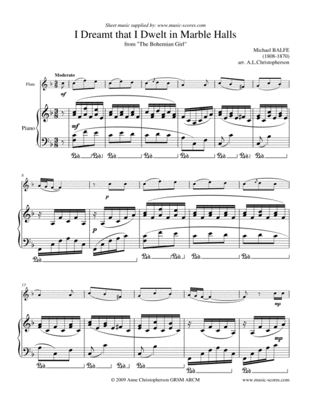 Free Sheet Music Marble Halls From The Bohemian Girl Flute And Piano F Major