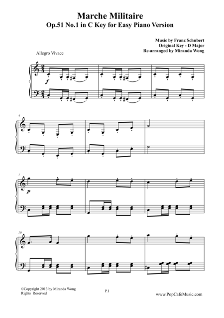 Free Sheet Music Marche Militaire Op 51 No 1 In C Key Version