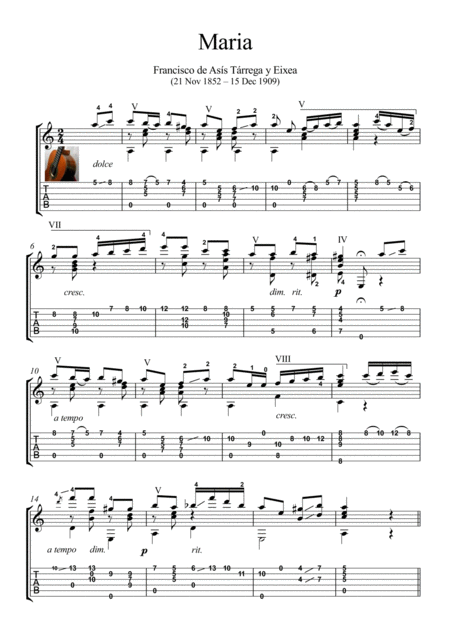 Free Sheet Music Maria By Tarrega Guitar Solo