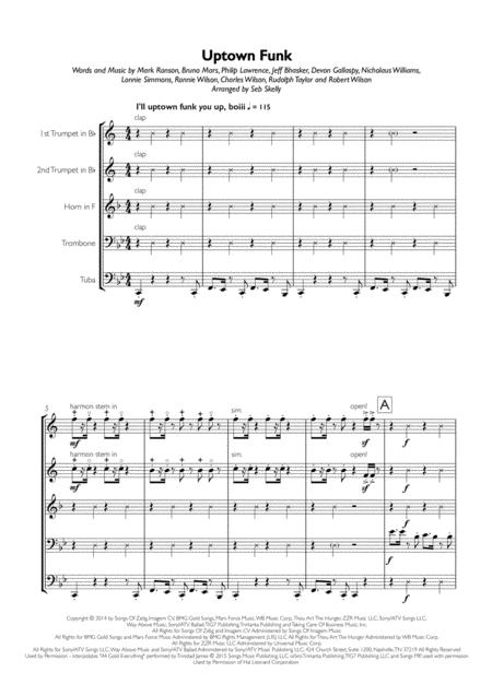 Mark Ronson Ft Bruno Mars Uptown Funk For Brass Quintet Sheet Music