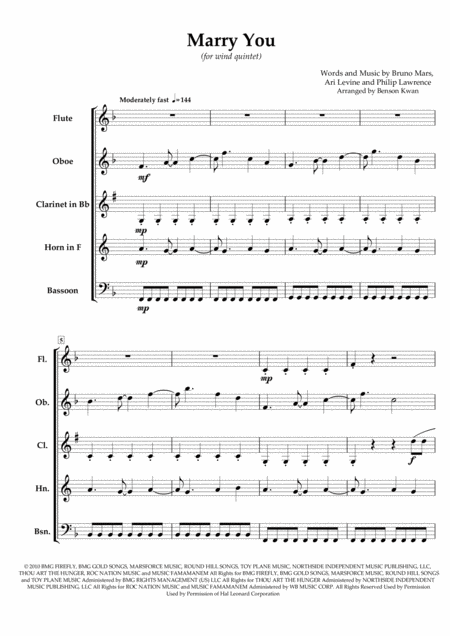 Free Sheet Music Marry You For Wind Quintet