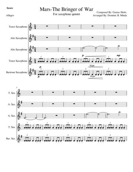 Mars The Bringer Of War For Saxophone Quintet Sheet Music