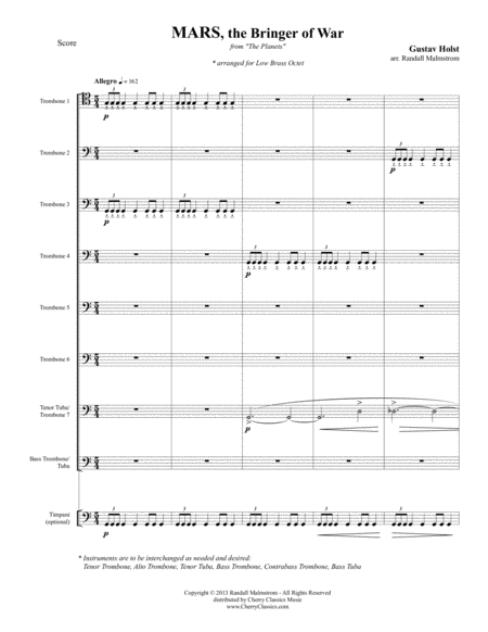 Free Sheet Music Mars The Bringer Of War From The Planets For Low Brass Octet Opt Timpani