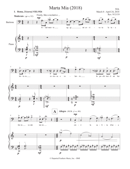 Marta Mia 2018 For Baritone And Piano Sheet Music