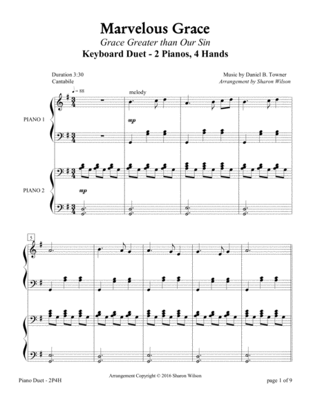 Free Sheet Music Marvelous Grace 2 Pianos 4 Hands Duet